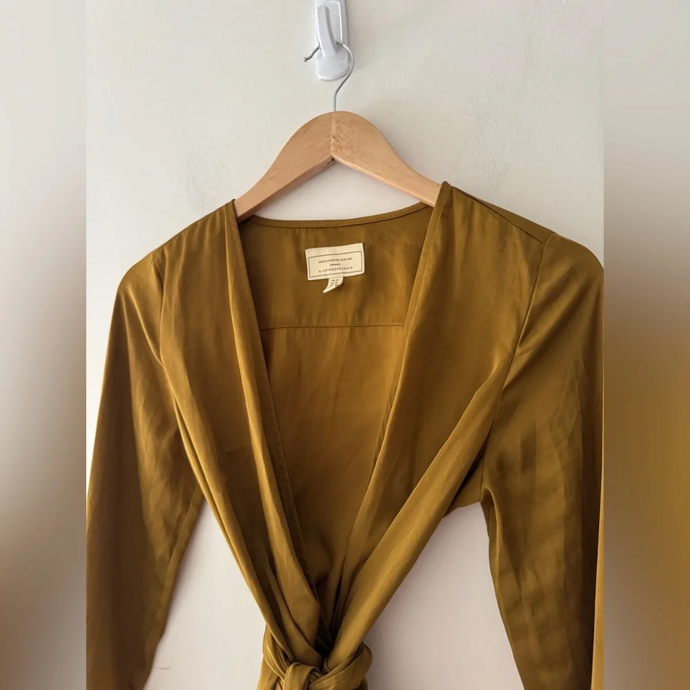 Anthropologie x Moulinette Soeurs Brynn Drapey Satin Faux Wrap Tie Brown Blouse - Picture 4 of 9